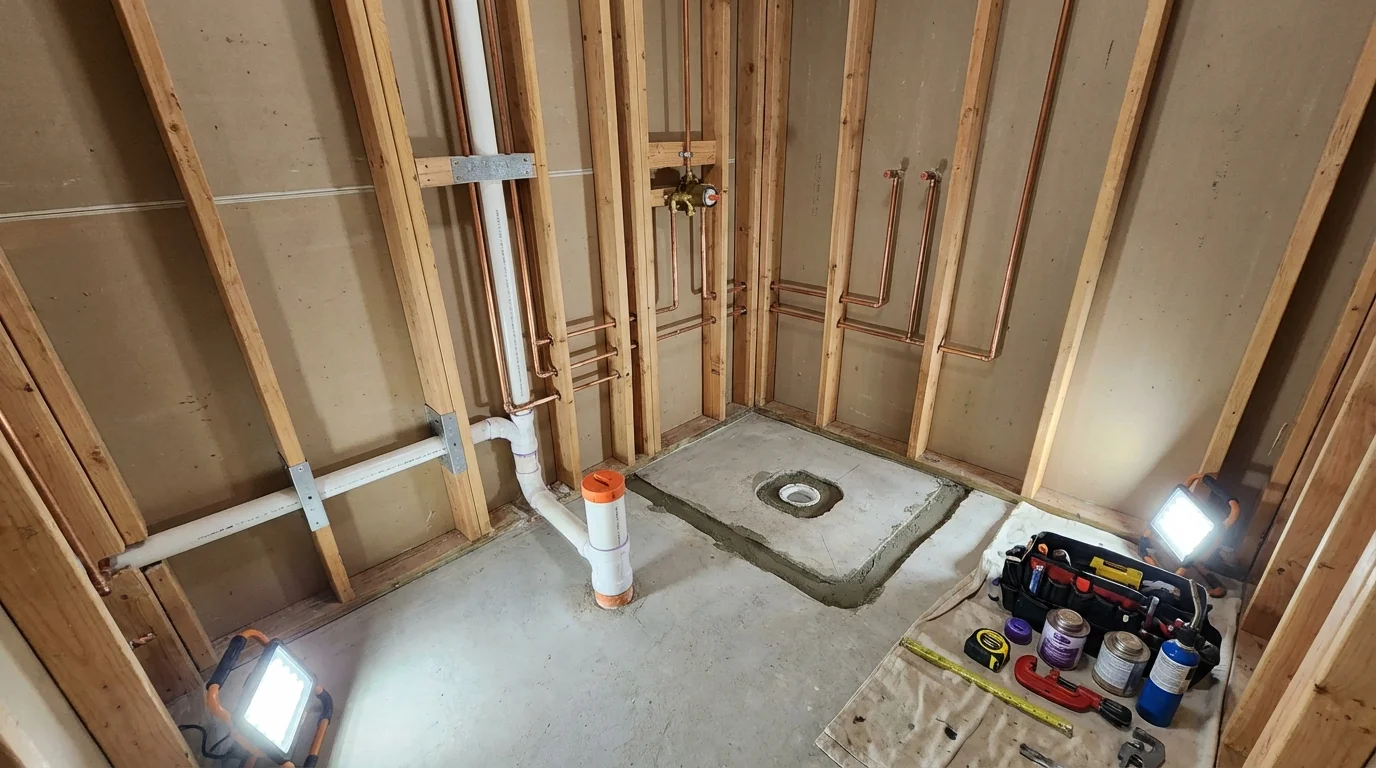 Bathroom rough-in plumbing during remodel by Johns Plumbing LLC in Sumner