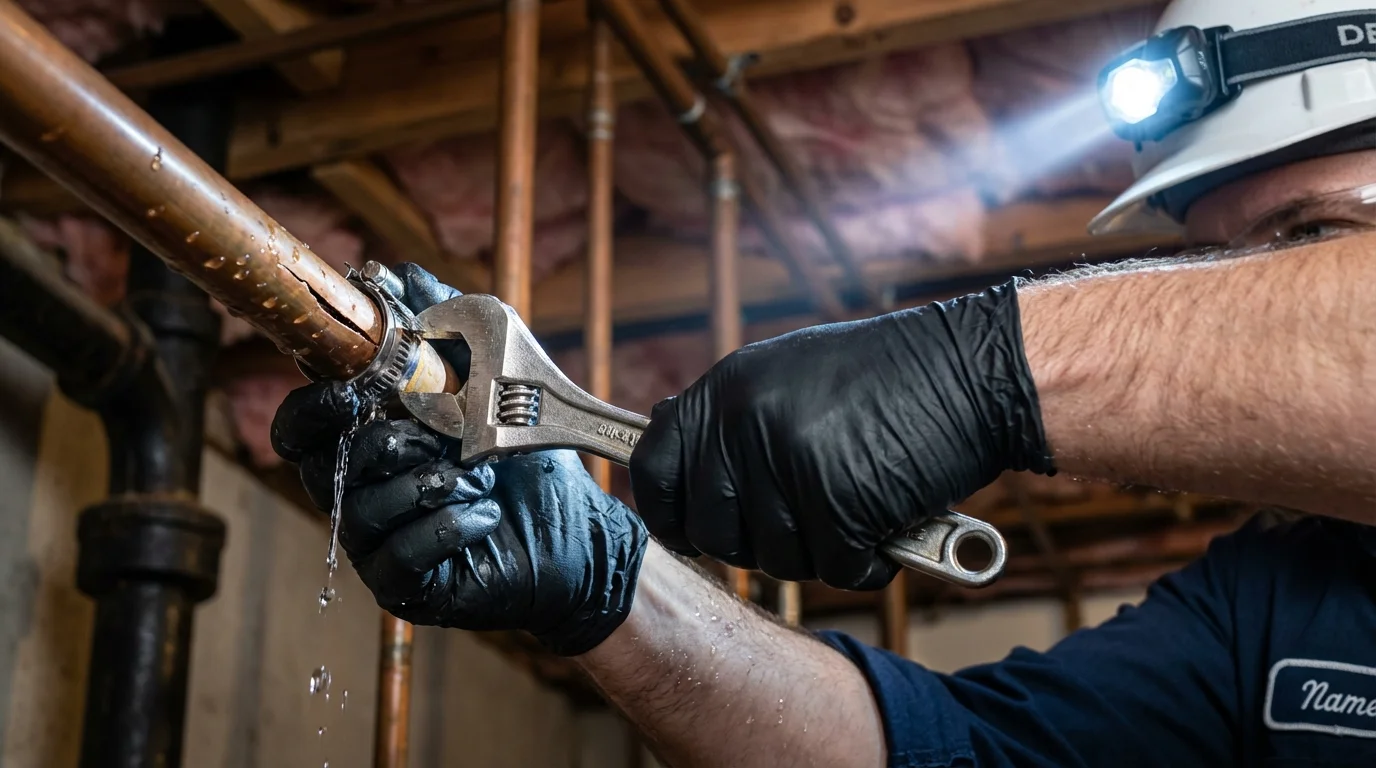 Emergency pipe clamp repair being performed by a Johns Plumbing LLC plumber in Sumner