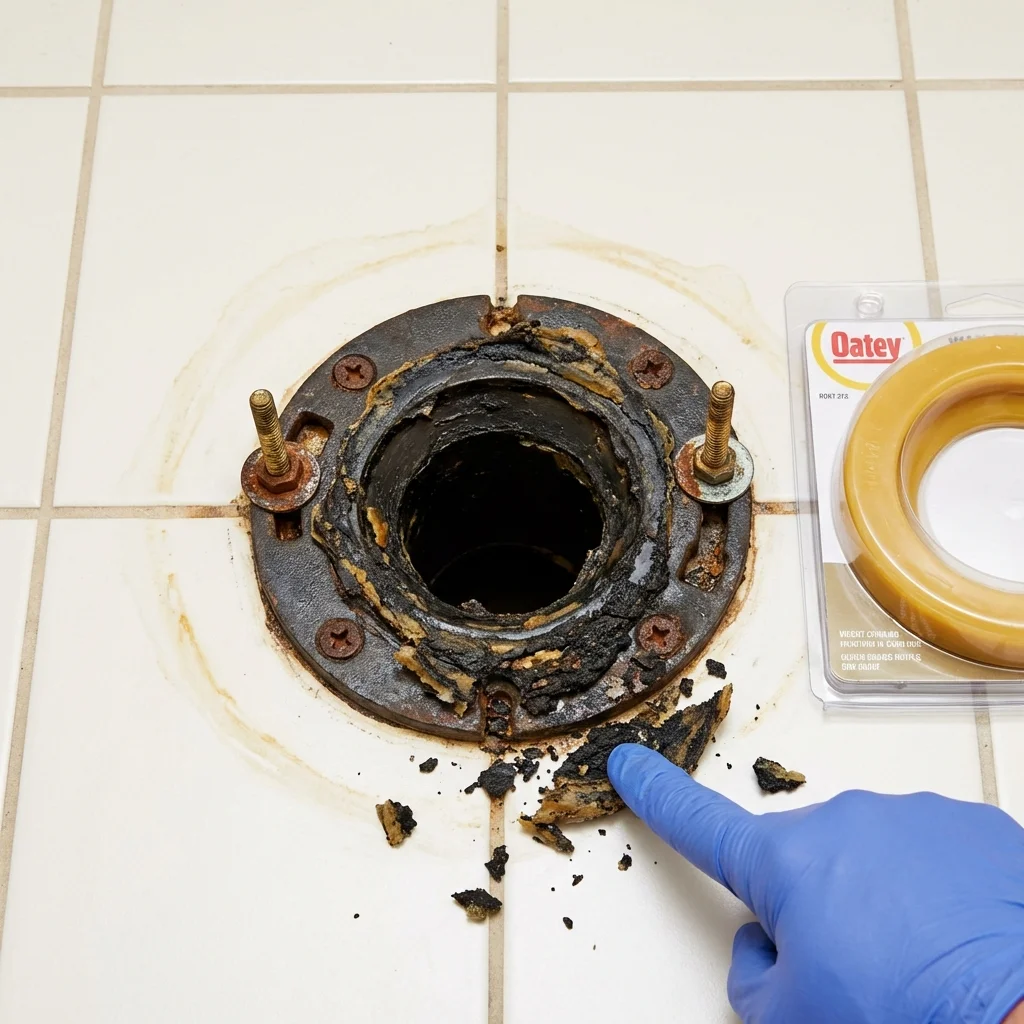 Failed wax ring showing water seepage at the base of a toilet in a Sumner, IL home