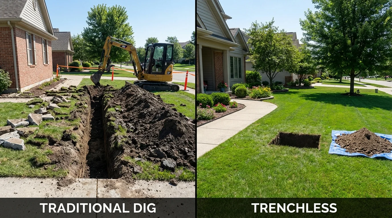 Trenchless sewer repair with minimal yard damage versus traditional excavation in Sumner, IL